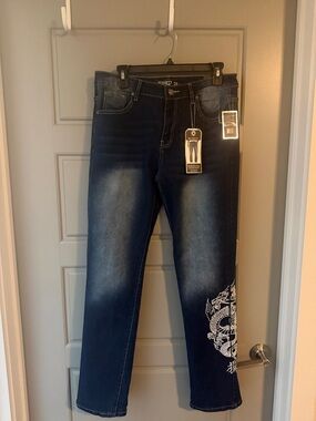 NWT Kids Dark Blue Dragon-Embroidered Mid-Rise Relaxed Fit Jeans
